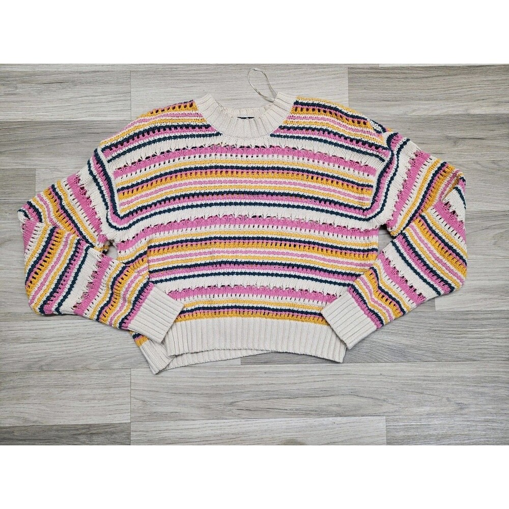 Zara Womens Sweater Pink Rainbow Open Knit Crochet Pullover Small